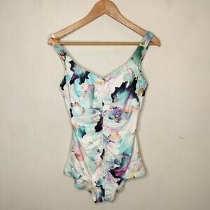 Maxine of Hollywood One Piece Swim Suit Watercolor Floral Ruched